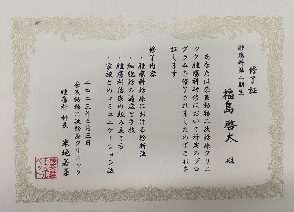 奈良動物二次診療クリニック 腫瘍科研修 修了
