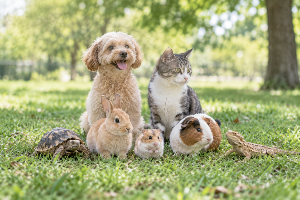 犬、猫、カメ、ウサギ、ハムスター、モルモット、トカゲが芝生の上に座っている